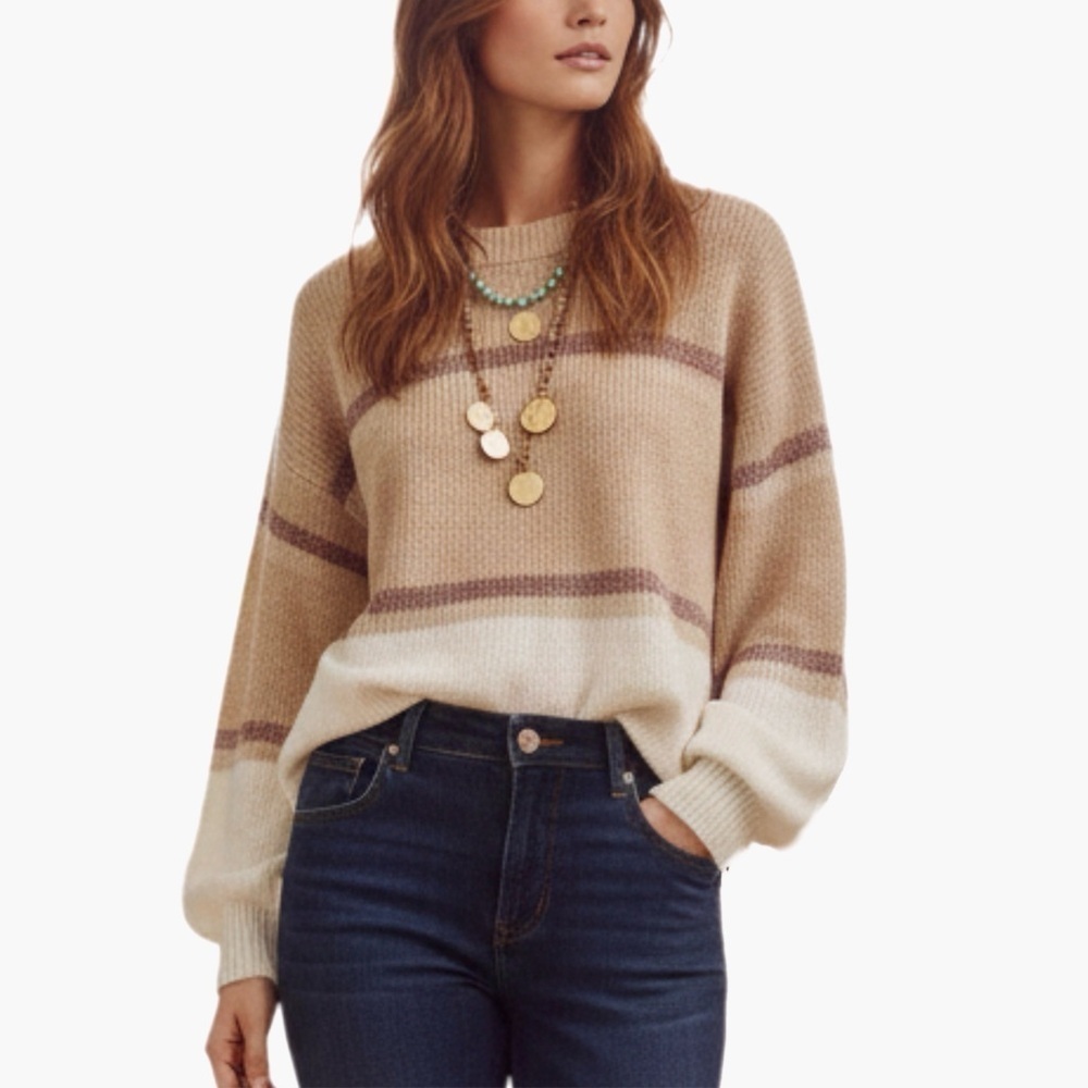 New LOVE ELLIE Metallic Stripe Crew Neck Sweater Beige Cream Womens Size 2XL